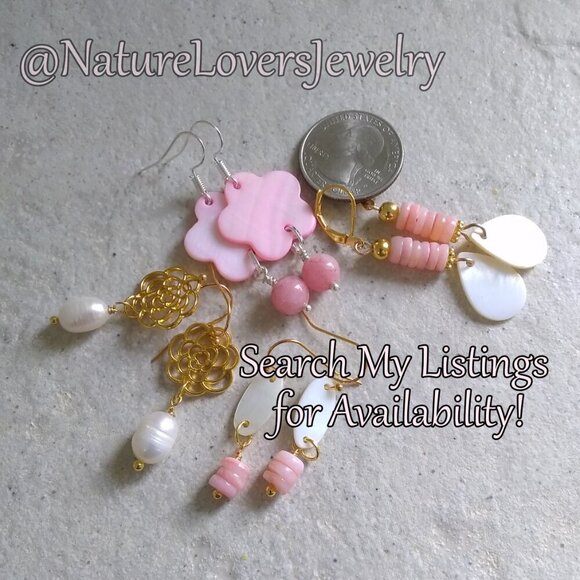 ๐๐๐ 3/$25!!! Lightweight! Pink White & Gold Mother of Pearl & Shell Earrings - Picture 6 of 6